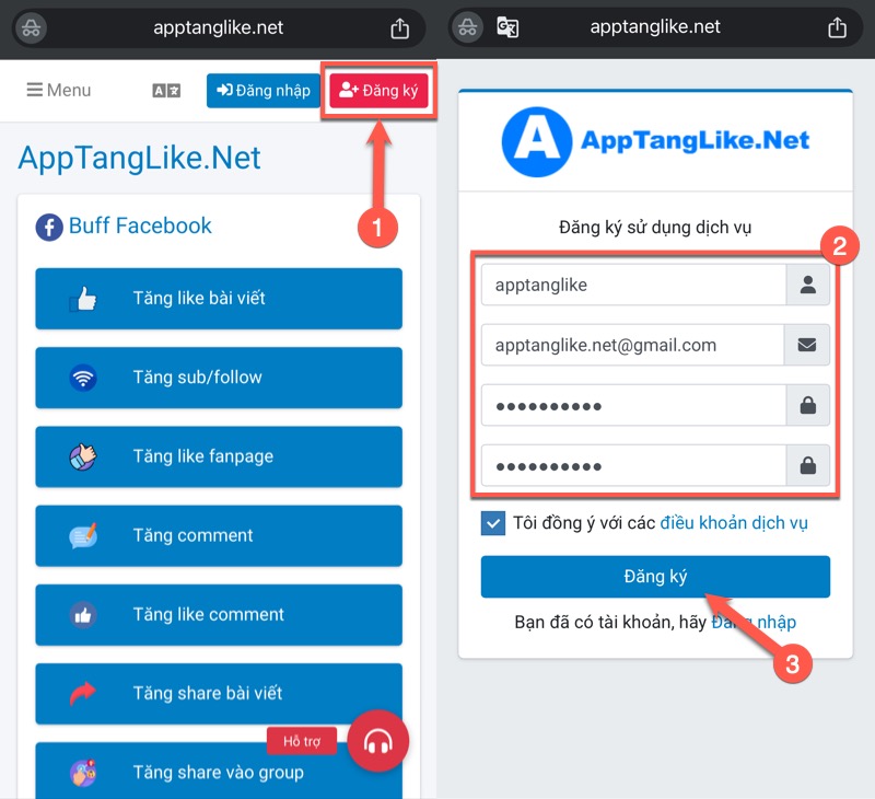 Tạo tài khoản web apptanglike