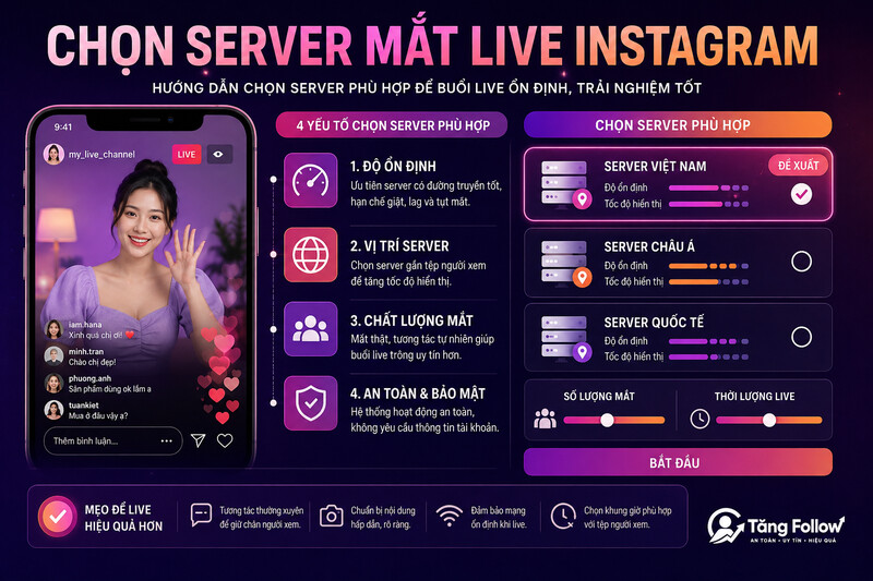 Hướng dẫn chọn server mắt live Instagram phù hợp