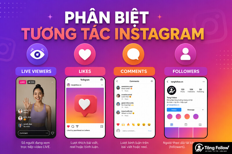 Phân biệt lượt xem, yêu thích, follow và bình luận Instagram