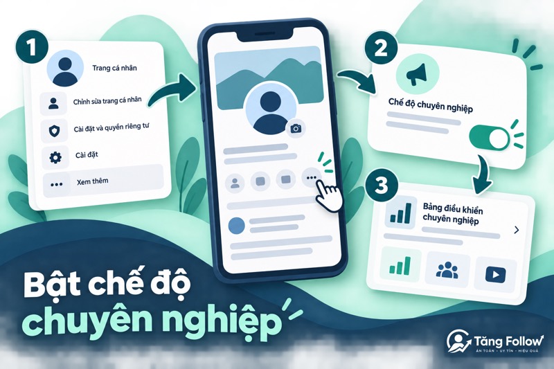 Minh họa các bước bật chế độ chuyên nghiệp trên hồ sơ Facebook