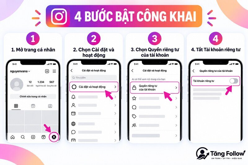 Các bước bật công khai tài khoản Instagram