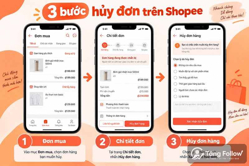 Các bước hủy đơn hàng Shopee