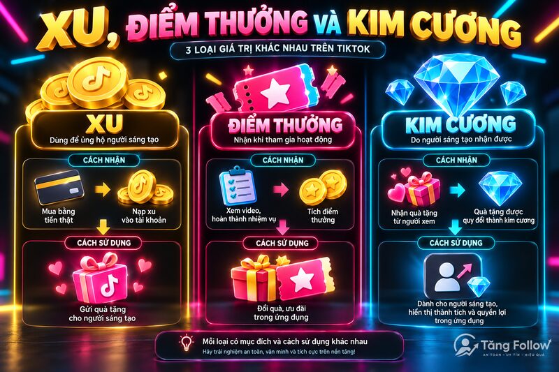 Phân biệt xu, điểm thưởng và Kim cương TikTok